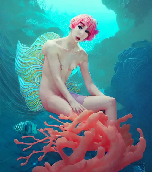 Prompt: harmony of neon glowing coral, fish, ( cyan hair merman yoongi portrait ) by wlop, james jean, victo ngai, muted colors, highly detailed, fantasy art by craig mullins, thomas kinkade,