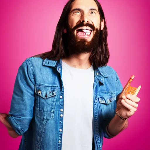 Image similar to Jesus smoking weed and laughing, profile picture, studio photography