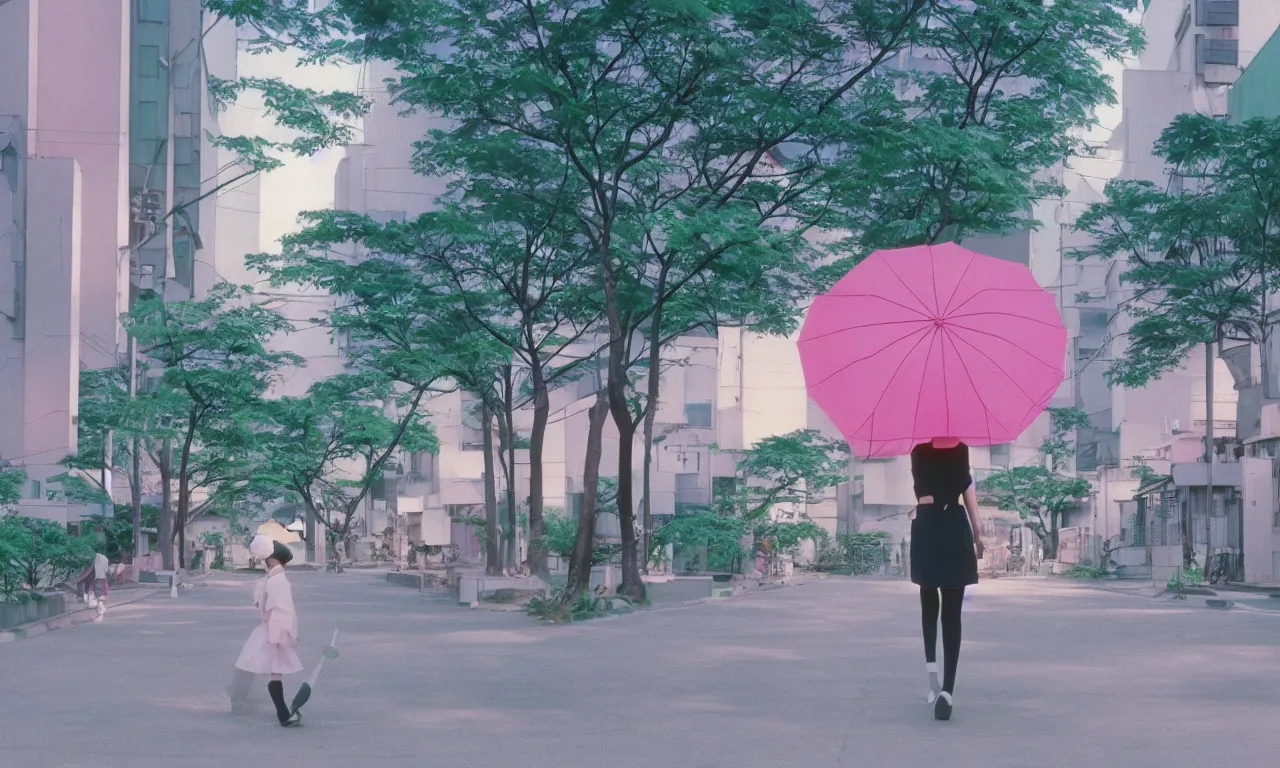 Prompt: A cute aesthetic still frame from an 80's or 90's anime, minimal street in Japan with lush plants, sun set, tall buildings, girl walking with umbrella