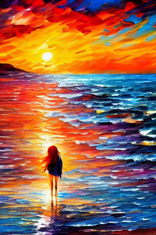 Image similar to a red haired young girl beach surreal, sunrise, dramatic light, impressionist painting, colorful clouds, digital painting, artstation, leonid afremov