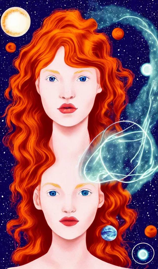 Image similar to tarot card of space astral girl, red hair, ginger hair, fantasy, glowing skin, smooth face, perfect eyes