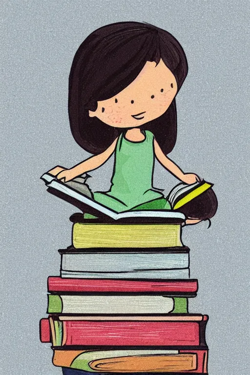 Image similar to a little girl sits cross legged on top of a tall pile of books. she is reading. clean elegant pretty cartoon painting, flat colors, beautiful detailed face.