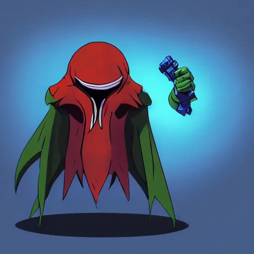 Prompt: concept art character with a vampire squid head and cape that is tall and thin that lives in an ocean setting in the apocalypse created for a new episode of rise of the teenage mutant ninja turtles on nickelodeon comic book dots with chromatic aberration and design influences from fret nice the video game