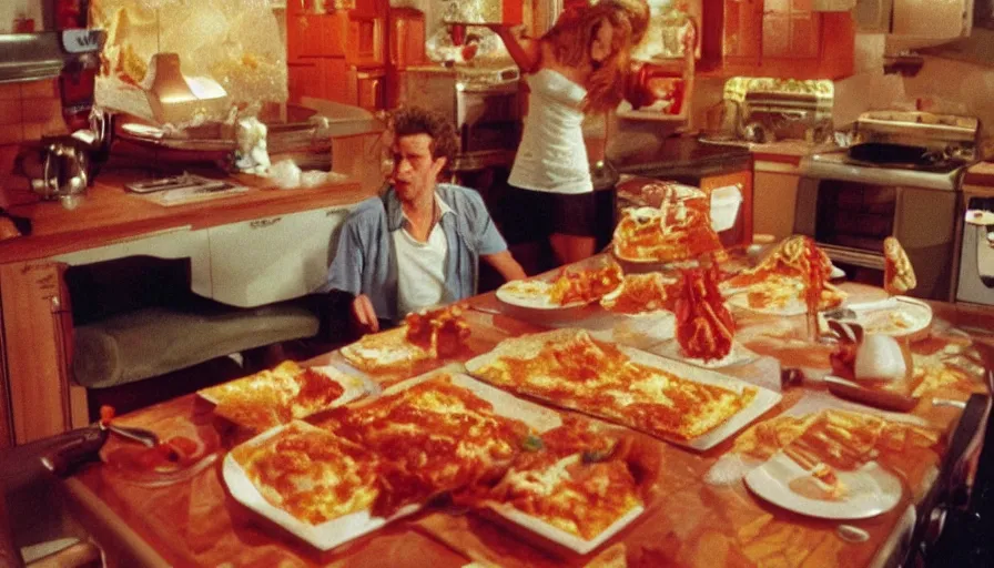 Image similar to 1990s photo of inside the Garfield Mystery Lasagna ride at Universal Studios in Orlando, Florida, riding a plate of Lasagna with Garfield through a living room filled with tons of food, cinematic, UHD