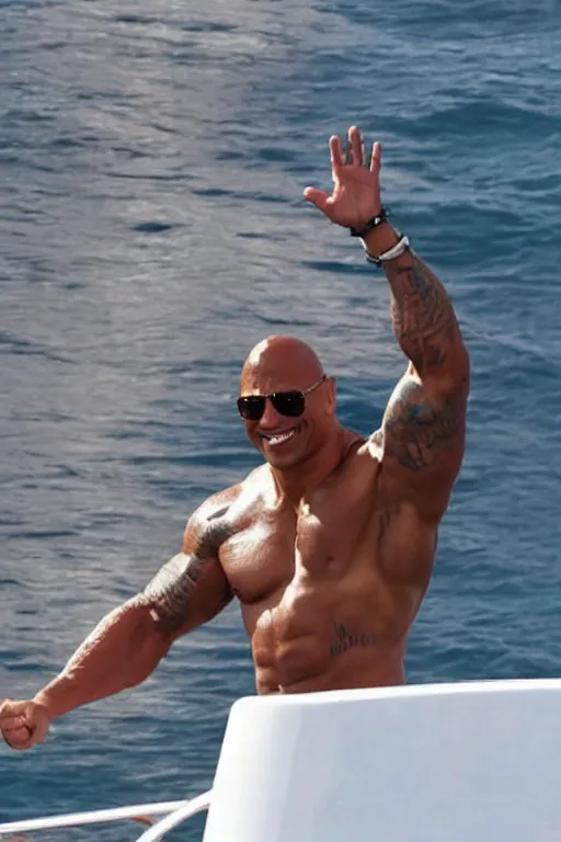 Image similar to dwayne johnson waving to his fans while leaving the united states using a luxurious yacht