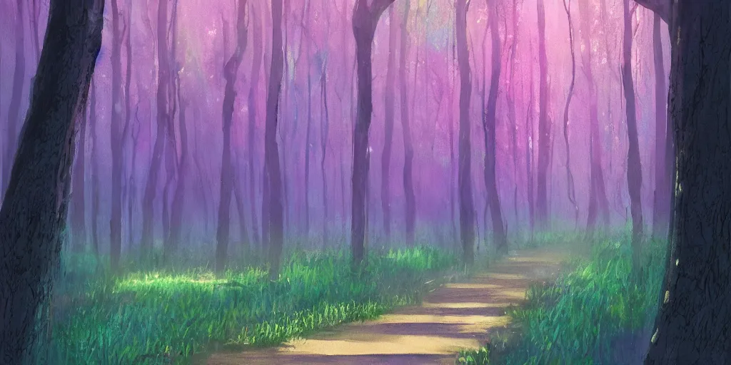 Image similar to path through a wide forest, modern contemporary, lanterns. pastel!! watercolor art, expansive cinematic view, volumetric shading, intricate and detailed, highly saturated colors. by madeon. breath of the wild style, by hayao miyazaki ghibli!!!. pink!! accents. trending on artstation. award winning