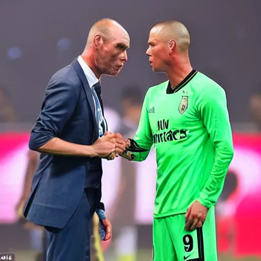 Prompt: Ten Hag crying at the feet of the god Ronaldo begging for forgiveness for losing the league, hyper realistic, 8k, cinematic