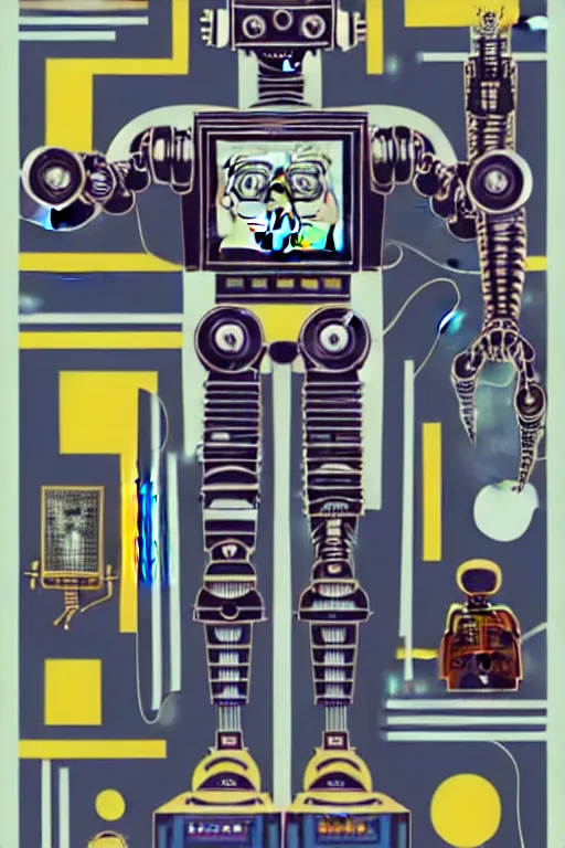 Image similar to a diagram of a robot body with various parts, cyberpunk art by eduardo paolozzi, behance contest winner, computer art, greeble, steampunk, poster art, james turrell, robert rauschenberg, andy warhol, pop art, czechoslovakia, surrealism, milton glaser, graphic design