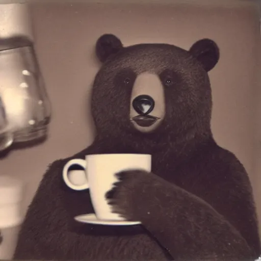 Prompt: a very beautiful old Polaroid picture of a bear drinking coffee inside a coffee shop, award winning photography, damaged