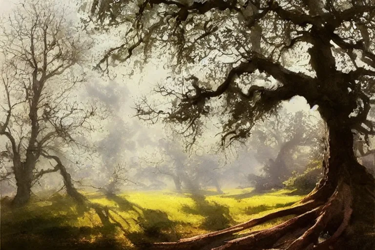 Prompt: watercolor painting of oak tree in foggy spring, morning, mythological art by hans gude, romance art by hans dahl, by jesper ejsing, art by anders zorn, wonderful masterpiece by greg rutkowski, cinematic light, american romanticism by greg manchess, creation by tyler edlin