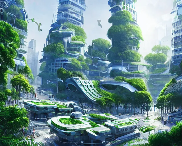 Image similar to A utopian futuristic city with green plants and flowing white buildings, brightly lit by the sun, beautiful lighting, highly detailed digital art, trending on Artstation