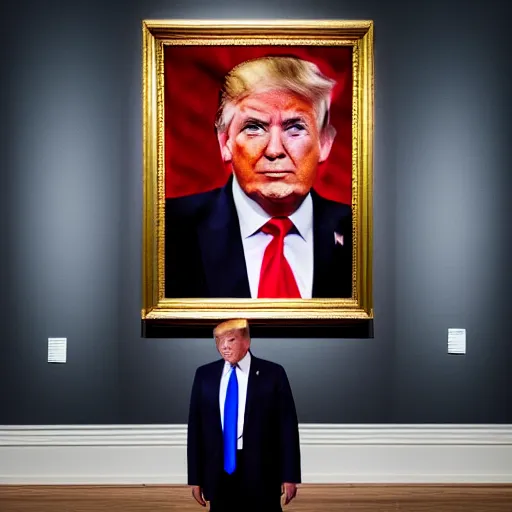 Prompt: trump watching a huge trump portrait in a museum, studio lighting, photography, highly detailed, 4 k