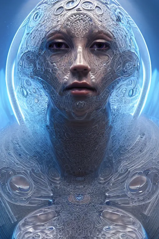 Prompt: a centered render of an ancient futuristic shaman with digital modifications surrounded by a underwater ink pour and flowing liquid gallium and complex sacred geometry, perfect body and face, powerful, cinematic, beautifully lit, by beeple, by artgerm, by karol bak, 3 d, trending on artstation, octane render, 8 k