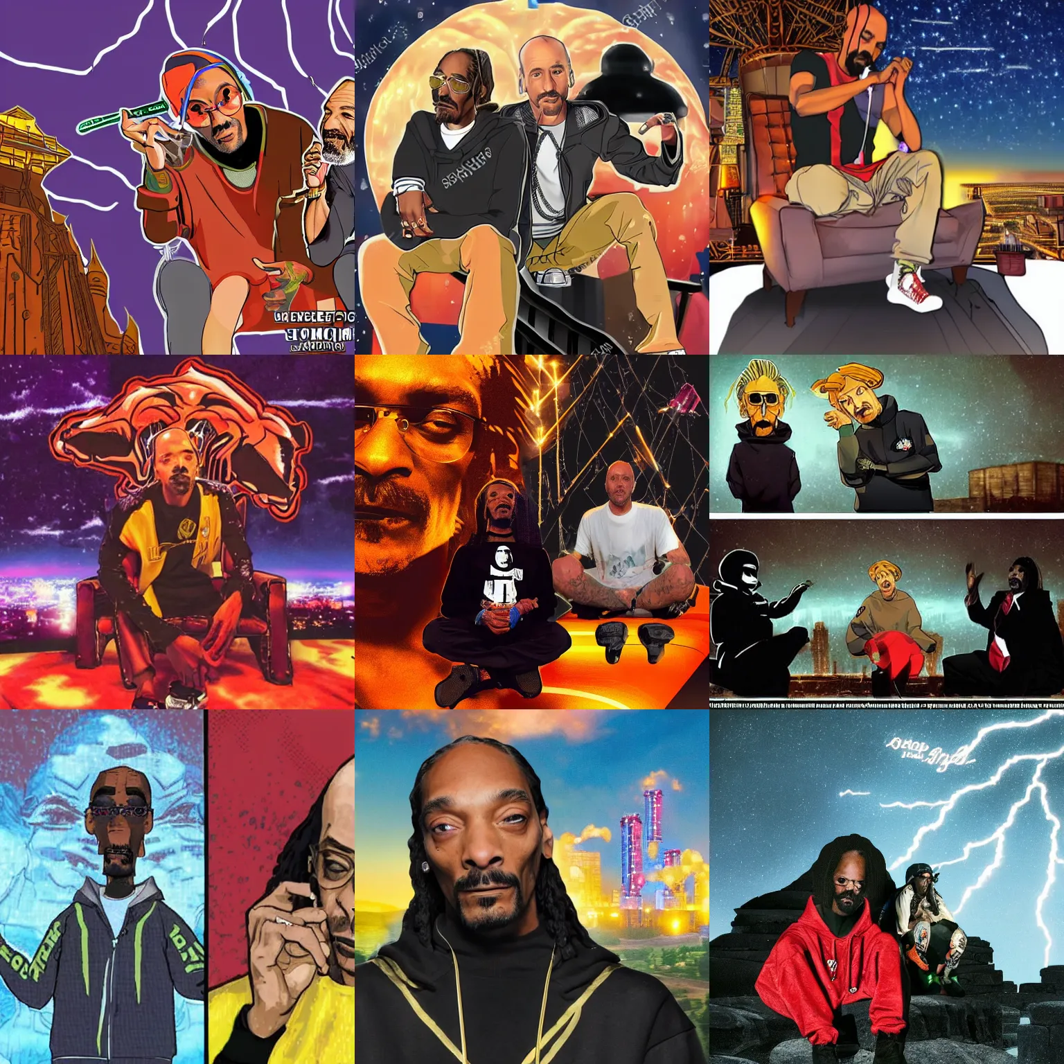 Prompt: snoop dogg getting high with joe rogan and donald trump, sitting on top of a large black tower during a cold winter night, lightning in the background, anime style