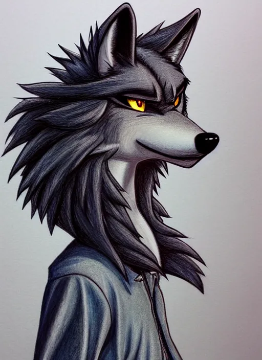 Image similar to expressive stylized master furry artist digital colored pencil painting full body portrait character study of the wolf ( sergal ) small head big eyes toon fursona animal person wearing clothes jacket and jeans by master furry artist blotch