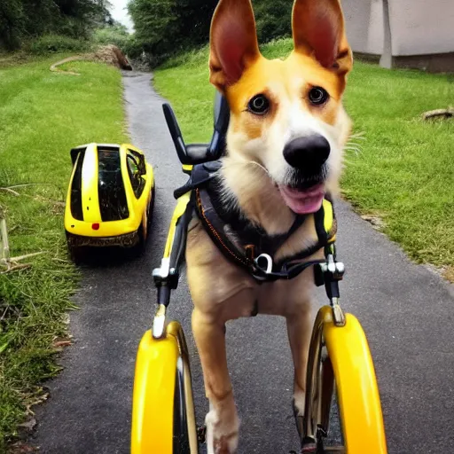 Prompt: a dog driving a yellow bike