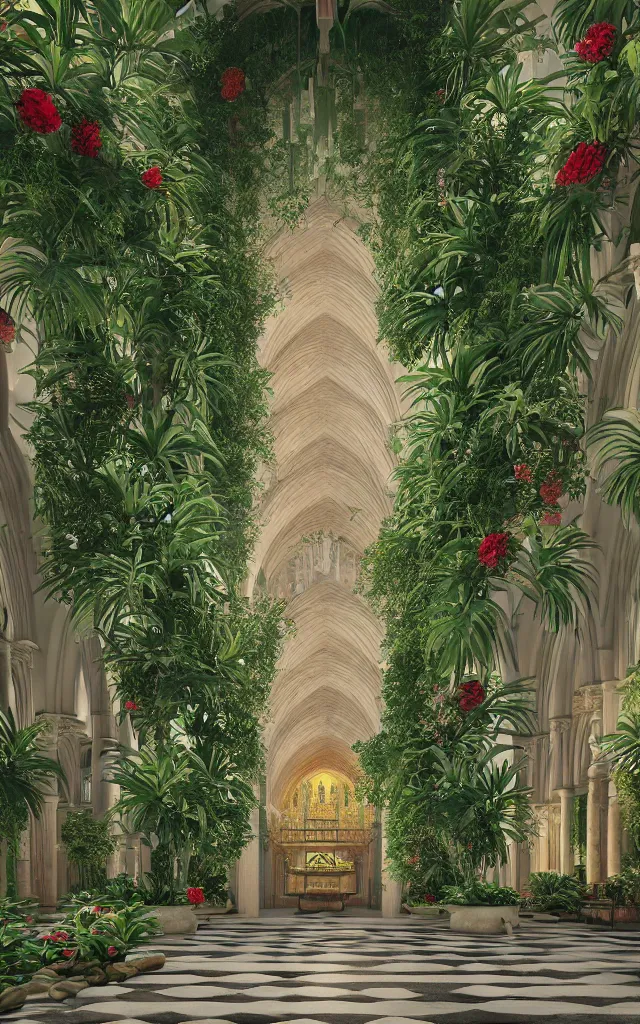 Image similar to grand cathedral interior with koi pond in the middle surrounded by palm trees, ivy, flowers, tropical plants, roses, and with archways, rendered in octane render with photorealistic lighting, cinematic, horizontal symmetry