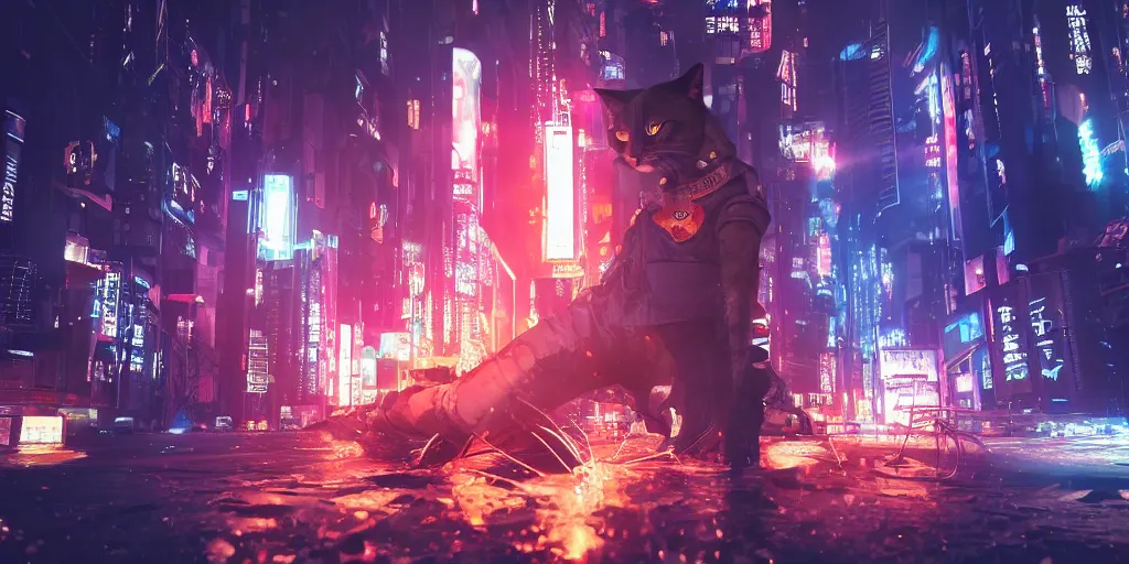 Prompt: badass naruto cat in cyberpunk metropolis + cyberpunk + 8 k, 4 k, octane render, artstation, hyperdetailed, volumetric lighting