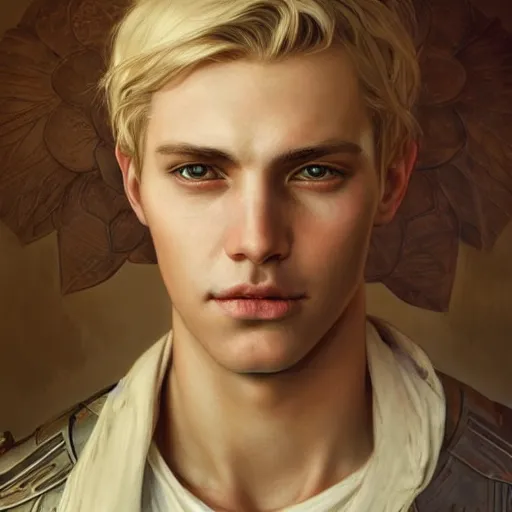 Image similar to portrait painting of a young melancholic man with a soft face and short light blonde hair wearing armor, ultra realistic, concept art, intricate details, eerie, highly detailed, photorealistic, octane render, 8 k, unreal engine. art by artgerm and greg rutkowski and charlie bowater and magali villeneuve and alphonse mucha