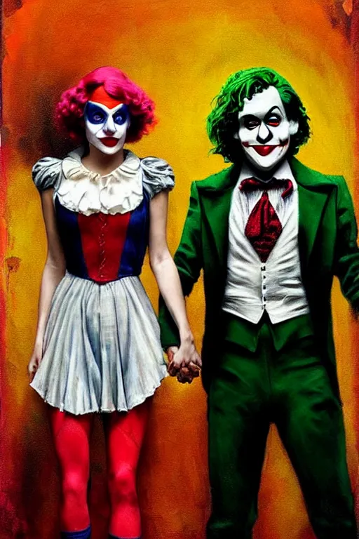 Image similar to ilya yefimovich repin and mimmo rottela and banksy as joaquin phoenix skinny joker, holding hand, lady gaga harley queen, ultra photorealistic, intricate details, pop art style, concept art, confident posse, random object details, 3 colours, warm color, 4 k, ultra smooth, sharp focus