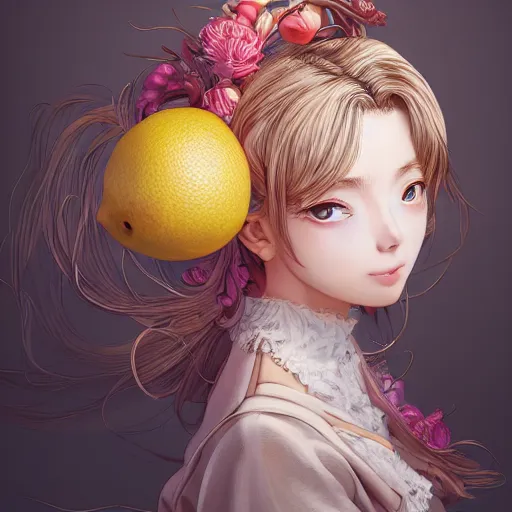 Image similar to the portrait of an absurdly beautiful, graceful, elegant, sophisticated, young teen anime girl made up of lemons looking up, an ultrafine hyperdetailed illustration by kim jung gi, irakli nadar, intricate linework, bright colors, octopath traveler, final fantasy, unreal engine 5 highly rendered, global illumination, radiant light, detailed and intricate environment