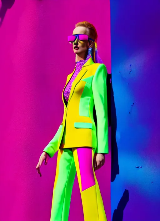 Image similar to bright trouser suit for a rave, bright colors, many details, prints, photo for a magazine, photo for a store, fashion photography, Vogue, 135 mm, cinematic, hyper realism, high detail, 8k, Two models in the frame, dynamic pose,Smooth skin, perfect face