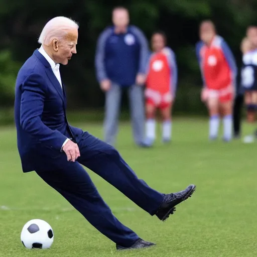 Image similar to Joe Biden playing soccer, doing a step over, breaking ankles, his opponents falling over