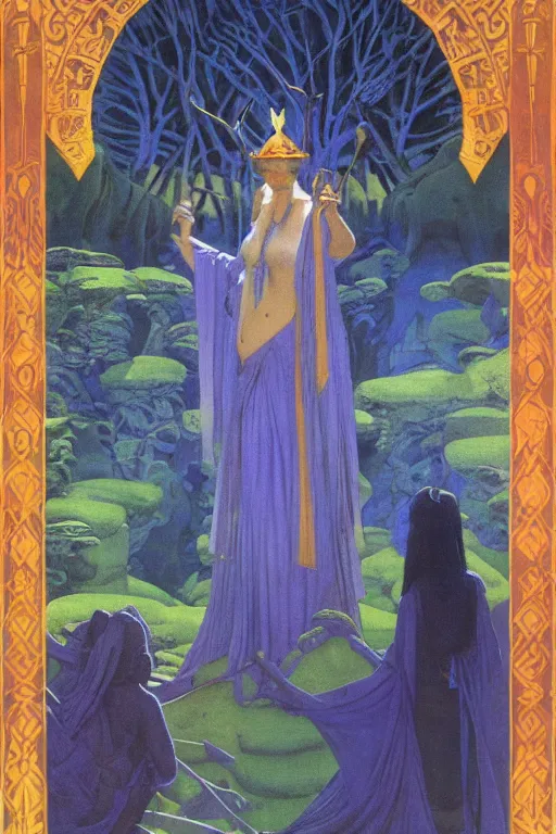 Prompt: lost queen of the forest with her scepter, by Nicholas Roerich and jean delville and Maxfield Parrish, dramatic cinematic lighting , ornate headdress , lost civilizations, extremely detailed