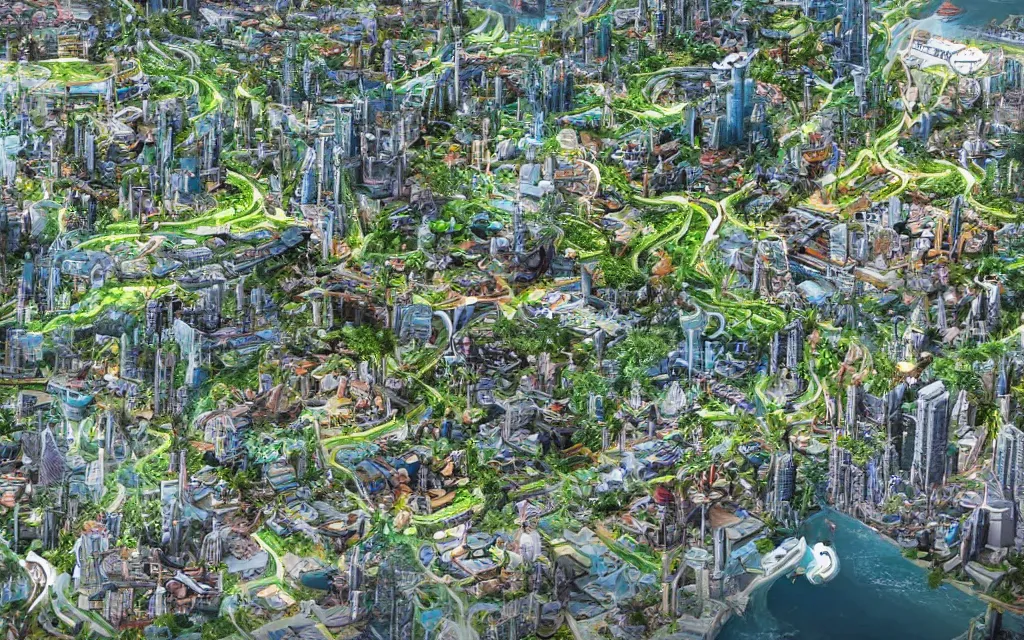 Image similar to future city of denpasar bali in the year 3 0 0 0, perfect faces.