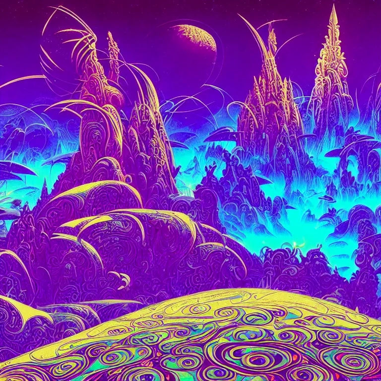 Image similar to mysterious rocket hovers over mythical crystal temple, psychedelic fractal waves, synthwave, bright neon colors, highly detailed, cinematic, eyvind earle, tim white, philippe druillet, roger dean, ernst haeckel, lisa frank, aubrey beardsley