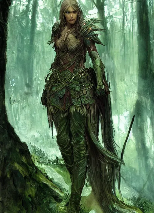 Prompt: a serious looking wood elf woman wearing armour made of tree bark, green tinted hair. woodland. fantasy concept art. moody epic painting by james gurney, and alphonso mucha. artstationhq. painting with vivid color. ( dragon age, witcher 3, lotr )