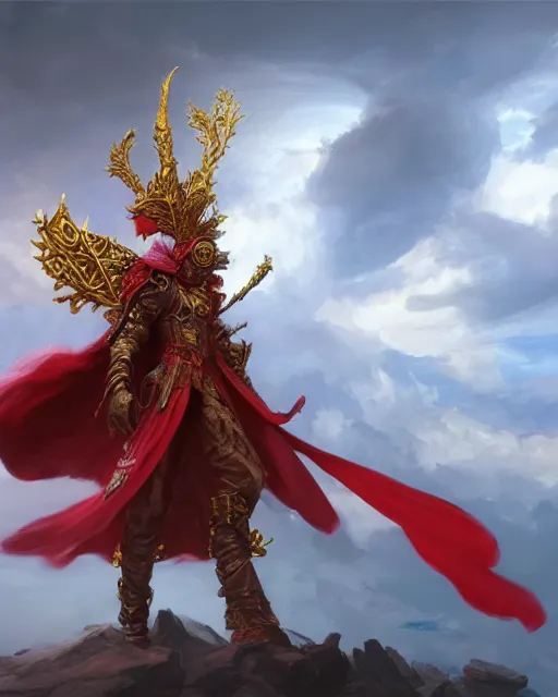 Image similar to A Full View of a Red Mage wearing magical ornate armor and a feathered hat surrounded by an epic cloudscape. Magus. Red Wizard. Fantasy Illustration. masterpiece. 4k digital illustration. by Ruan Jia and Mandy Jurgens and Artgerm and greg rutkowski and Alexander Tsaruk and WLOP and Range Murata, award winning, Artstation, art nouveau aesthetic, Alphonse Mucha background, intricate details, realistic, panoramic view, Hyperdetailed, 8k resolution, intricate art nouveau