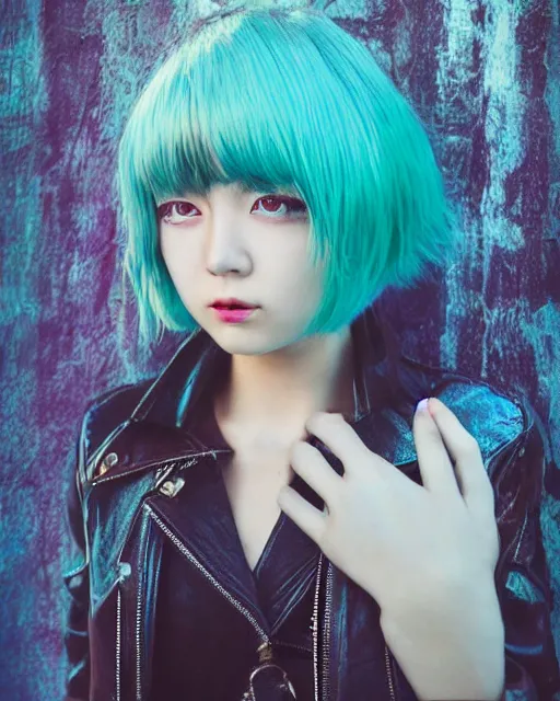 Image similar to Beautiful young Japanese girl with glowing teal hair bob haircut, bangs, leather jacket, cyberpunk city background, in the style of Anna Dittman, fashion photography