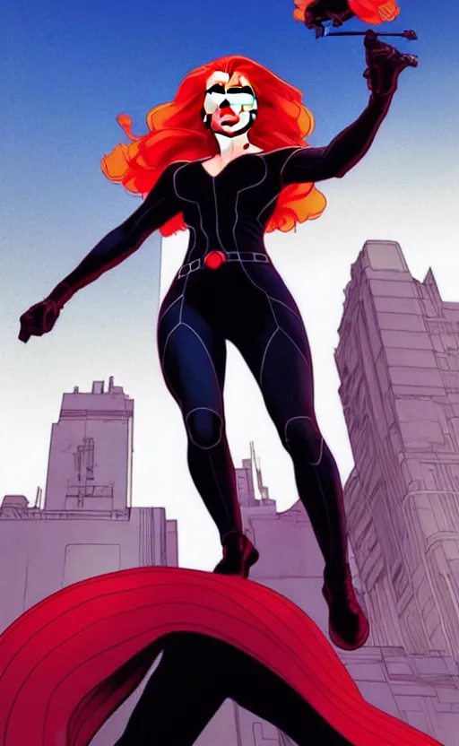 Image similar to rafeal albuquerque comic art, joshua middleton comic art, artgerm, cinematics lighting, night time, pretty scarlett johansson black widow, big smirk, symmetrical face, symmetrical eyes, long red hair, full symmetrical body, flying in the air, jumping off rooftop