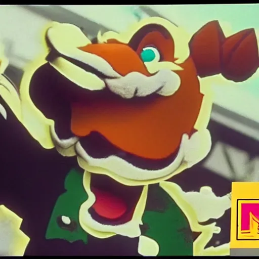 Prompt: bowser in a gangster rap music video 1 9 9 0 s mtv vhs