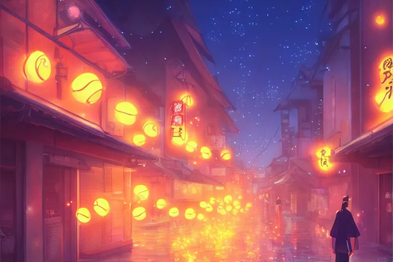 Image similar to fantasy art of glowing goldfish swimming in the air, in the streets of a japanese town at night, with people watching in wonder, by makoto shinkai, highly detailed digital art, trending on artstation