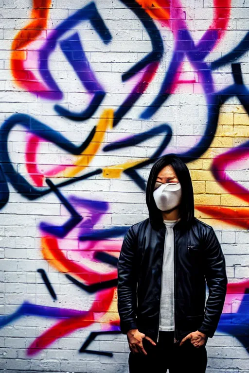 Image similar to asian guy with mask stand in front of wall with full of graffiti tag and mural, photorealistic, smooth, 4 k, aesthetic lighting, baroque object, hyperdetailed, professional photography, pullitzer winning, photo by : canon eos 5 d mark iv, by karah mew and adnan abidi and jodie bateman