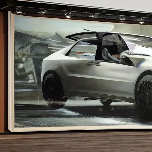 Image similar to sci-fi sport car f1 hatchback transport design organic smooth elastic forms 20% of canvas on the front; background wall structure on the coronation of napoleon painting 20% of canvas; by Jacques-Louis David, pinterest keyshot product render, cloudy plastic ceramic material shiny gloss water reflections, ultra high detail ultra realism, 4k