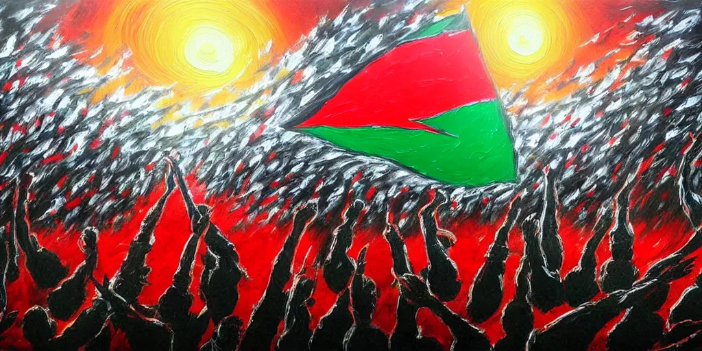 Image similar to dramatic painting of freedom for palestine, red green white black