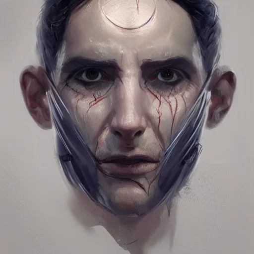 Image similar to Portrait of a man by Greg Rutkowski, symmetrical face, an young man with a VR Heaset covering his eyes, Kubric Stare, cold, twisted and sinister smile, highly detailed portrait, scifi, digital painting, artstation, book cover, cyberpunk, concept art, smooth, sharp foccus ilustration, Artstation HQ