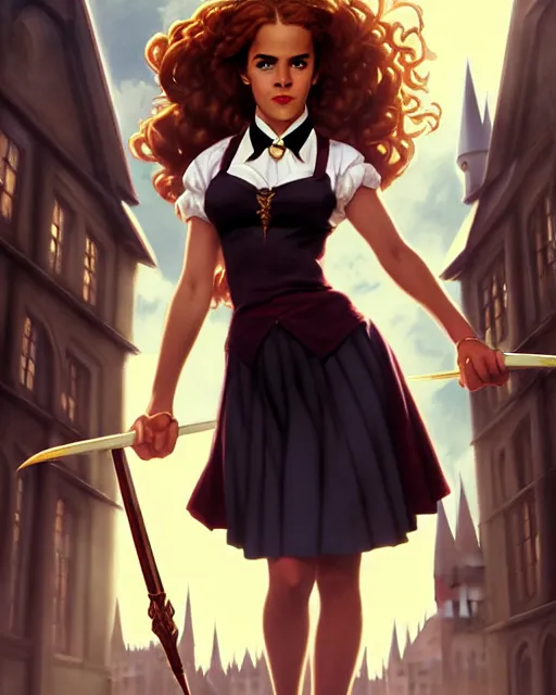 Prompt: beautiful pinup photo of hermione granger by emma watson in the crowded square of hogwarts, hermione by a - 1 pictures, by greg rutkowski, gil elvgren, glossy skin, pearlescent, anime, very coherent, flat, ecchi anime style, feminine, seductive