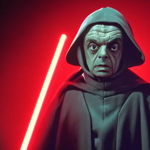 Image similar to mr. bean as darth sidious, holding a red light saber in star wars, film still, cinematic lighting, highly detailed