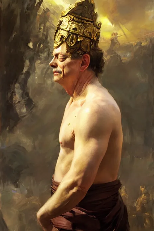 Image similar to beautiful expressive oil painting portrait of ancient roman god emperor steve buscemi ascending wearing the civic crown, art by anders zorn, wonderful masterpiece by greg rutkowski, beautiful cinematic light, american romanticism by greg manchess, jessica rossier