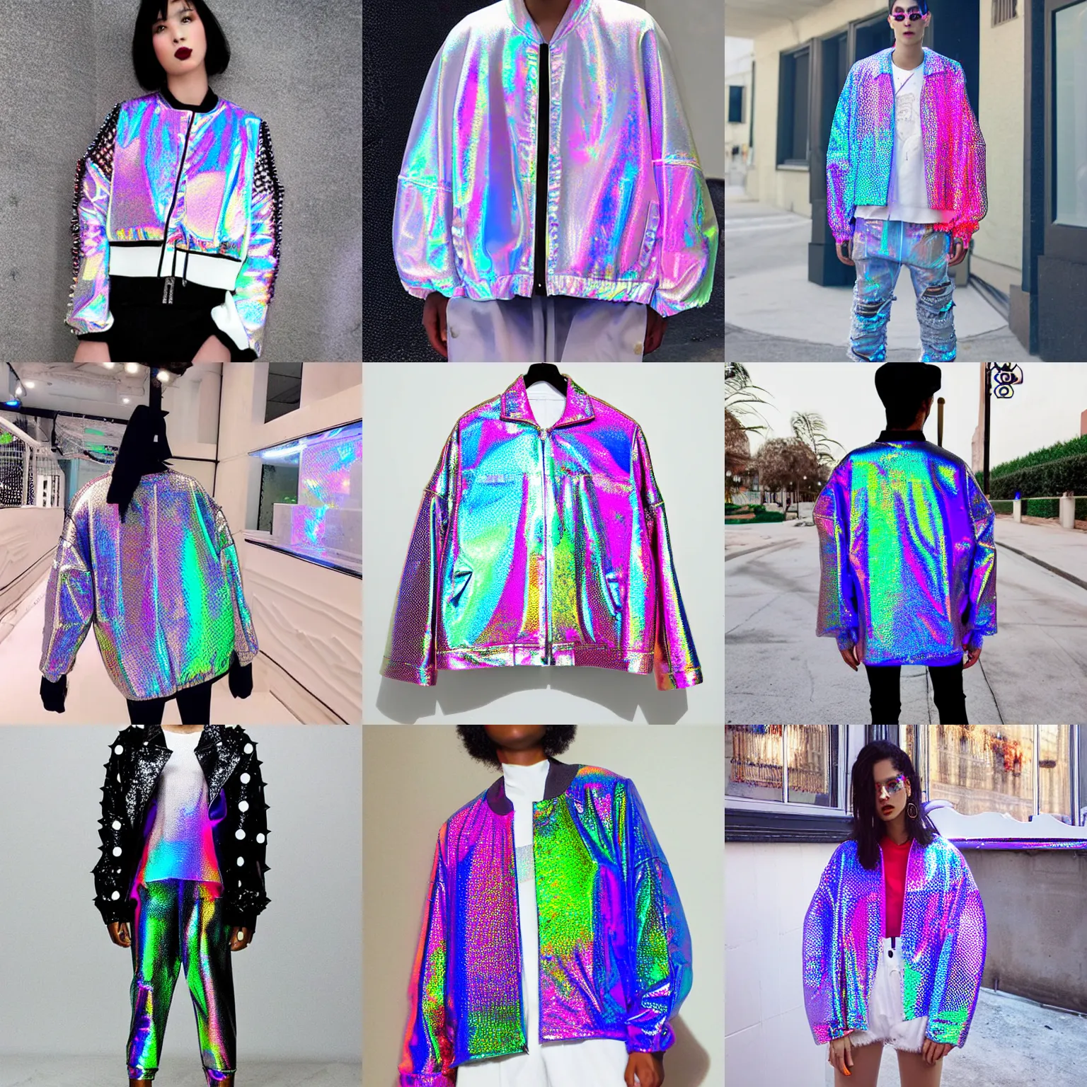 Prompt: a white holographic oversized jacket inspired by jawbreaker candy, vaporwave mall aesthetic, dots, netting, spikes, fashionable, trendy, colorful