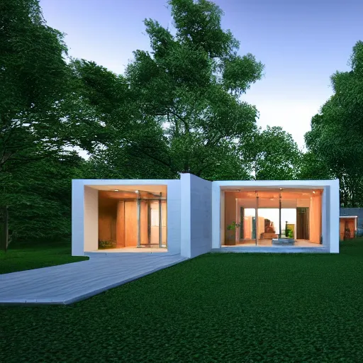 Prompt: contemporary house in the forest, lights inside, foliage, square pool, textures, detailed, big tree realistic