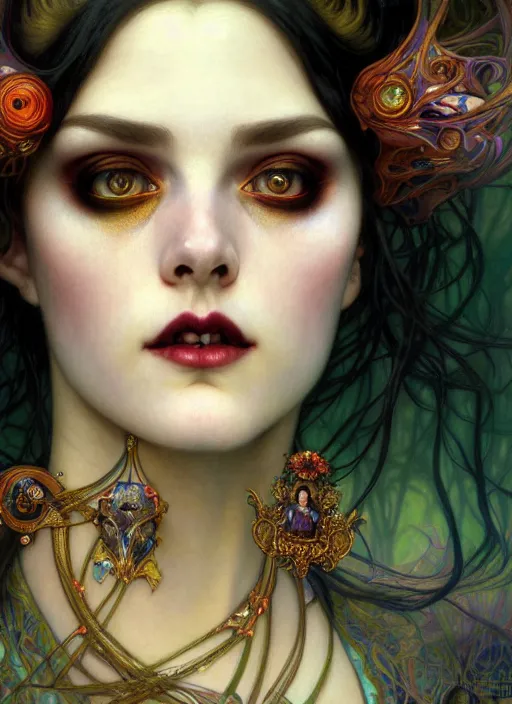 Image similar to hyper detailed masterpiece vampire girl duchess by donato giancola and tom bagshaw, face by artgerm and edmund leighton, and alphonse mucha, trending on artstation, colorful, psychedelic aesthetic, ornate, background by gustav klimt, 8 k, black gothic, majestic, volumetric lighting, porcelain skin, concept art, sharp focus