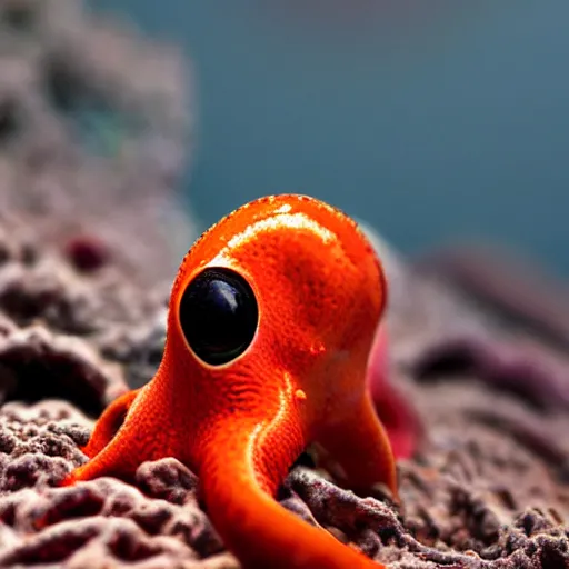 Image similar to fiery whimsical emotional eyes cephalopod, in a photorealistic macro photograph with shallow dof, in the deepest seas of the unconscious psyche