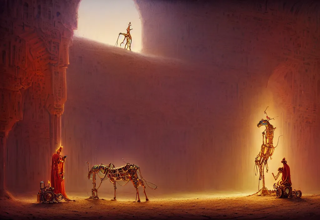 Prompt: A closeup human in arabian vestments performs a vivid magical ritual to resurrect a mechanical horse inside a ancient steel ruins are covered with barchans of sand. Art by Finnian MacManus, Simon Stalenhag. Masterpiece, fantasy art, cinematic, hyperdetailed, photorealistic, steampunk, hyperrealism, octane render, 8k