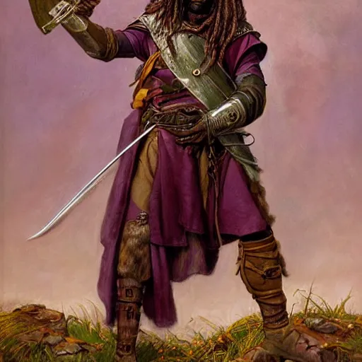 Image similar to a medieval hunter with african ethnicity and dreadlocks, plum color scheme, fantasy character portrait by James C Christensen