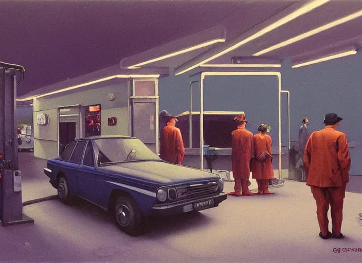 Prompt: dark square people with oxygen tanks at gas station with strange vegetation in the style of Edward Hopper and James Gilleard, Zdzislaw Beksinski, open ceiling, highly detailed, painted by Francis Bacon, Surreal, Norman Rockwell, Greg Hildebrandt, and Mark Brooks, triadic color scheme, By Greg Rutkowski, in the style of Francis Bacon and Syd Mead and Edward Hopper and Norman Rockwell and Beksinski, open ceiling, highly detailed, painted by Francis Bacon, painted by James Gilleard, surrealism, airbrush, Ilya Kuvshinov, WLOP, Stanley Artgerm, very coherent, art by Takato Yamamoto and James Jean
